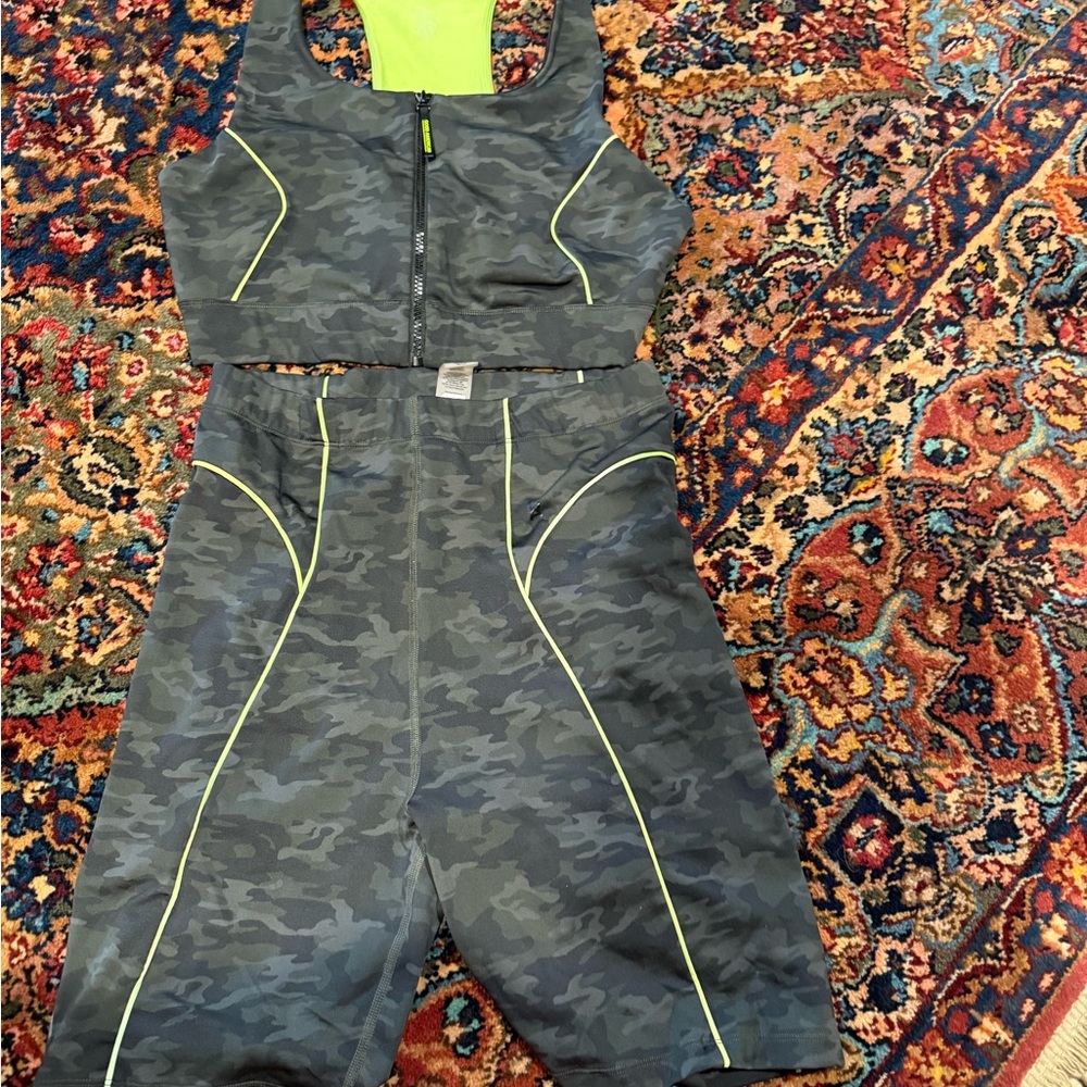 Good American Matching Camo Print Activewear Set with Neon Accents
